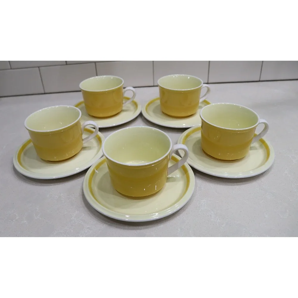 Mikasa C6300 Yellow Stoneware Cup and Saucer Set of 5 Japan Vintage Set of 5